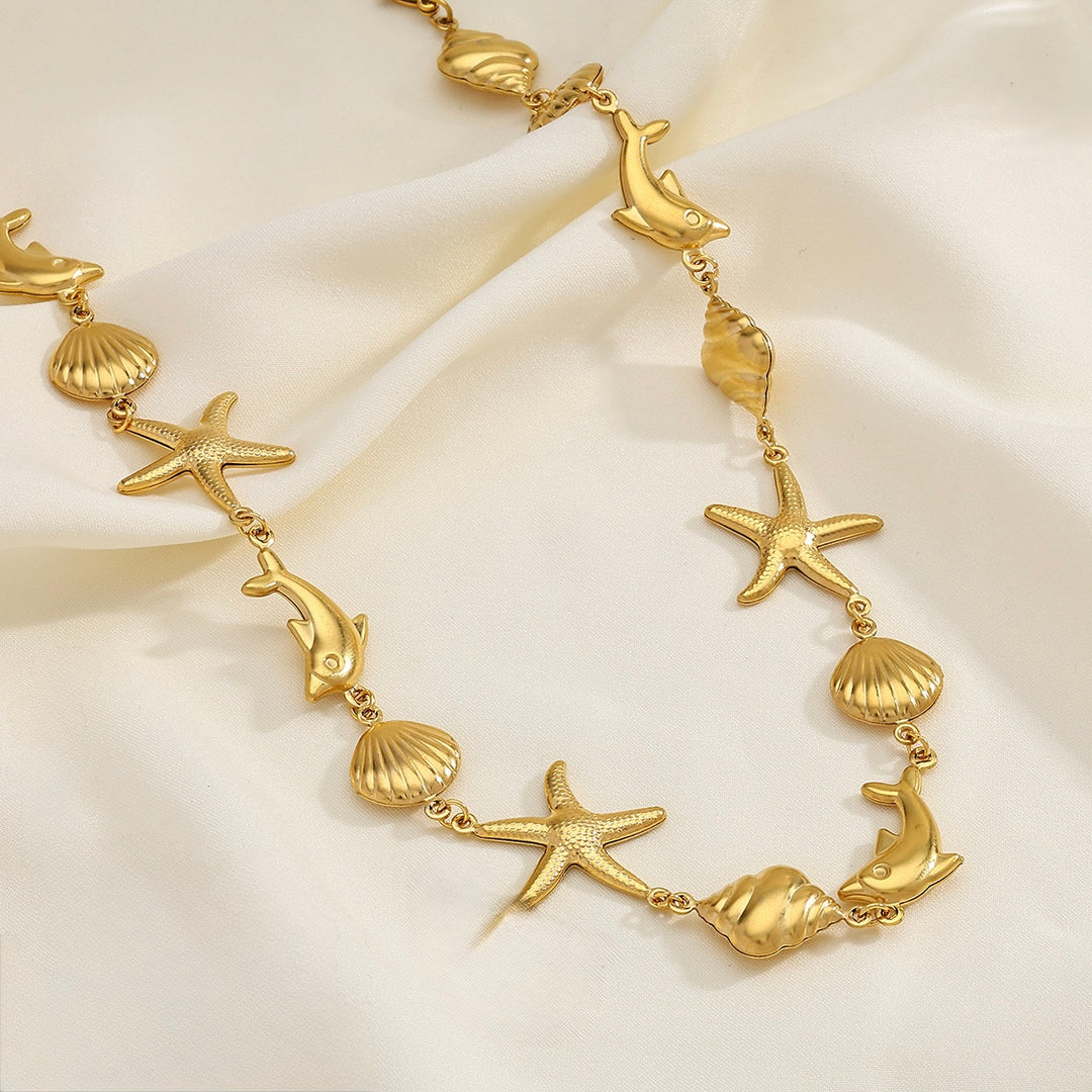 Gold ocean creatures linked necklace