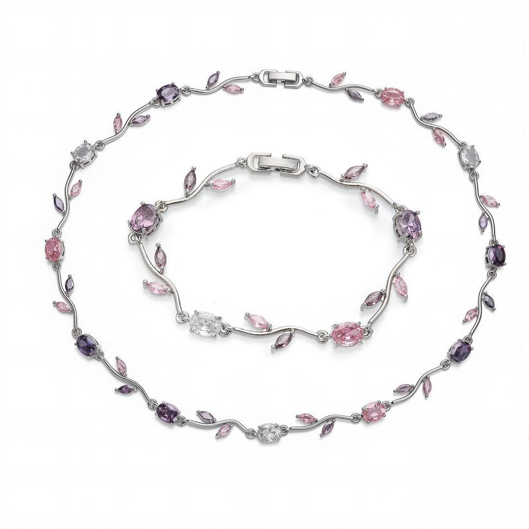 Pink and purple tulip set ( bracelet + necklace ) - silver ( pre - order )