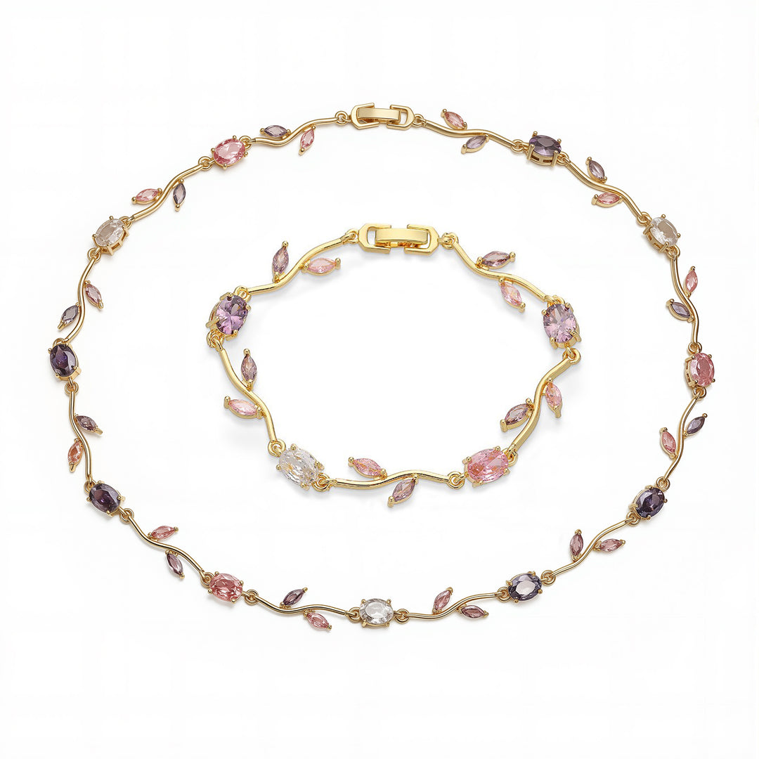 Pink and purple tulip set ( bracelet + necklace ) - gold ( pre - order )