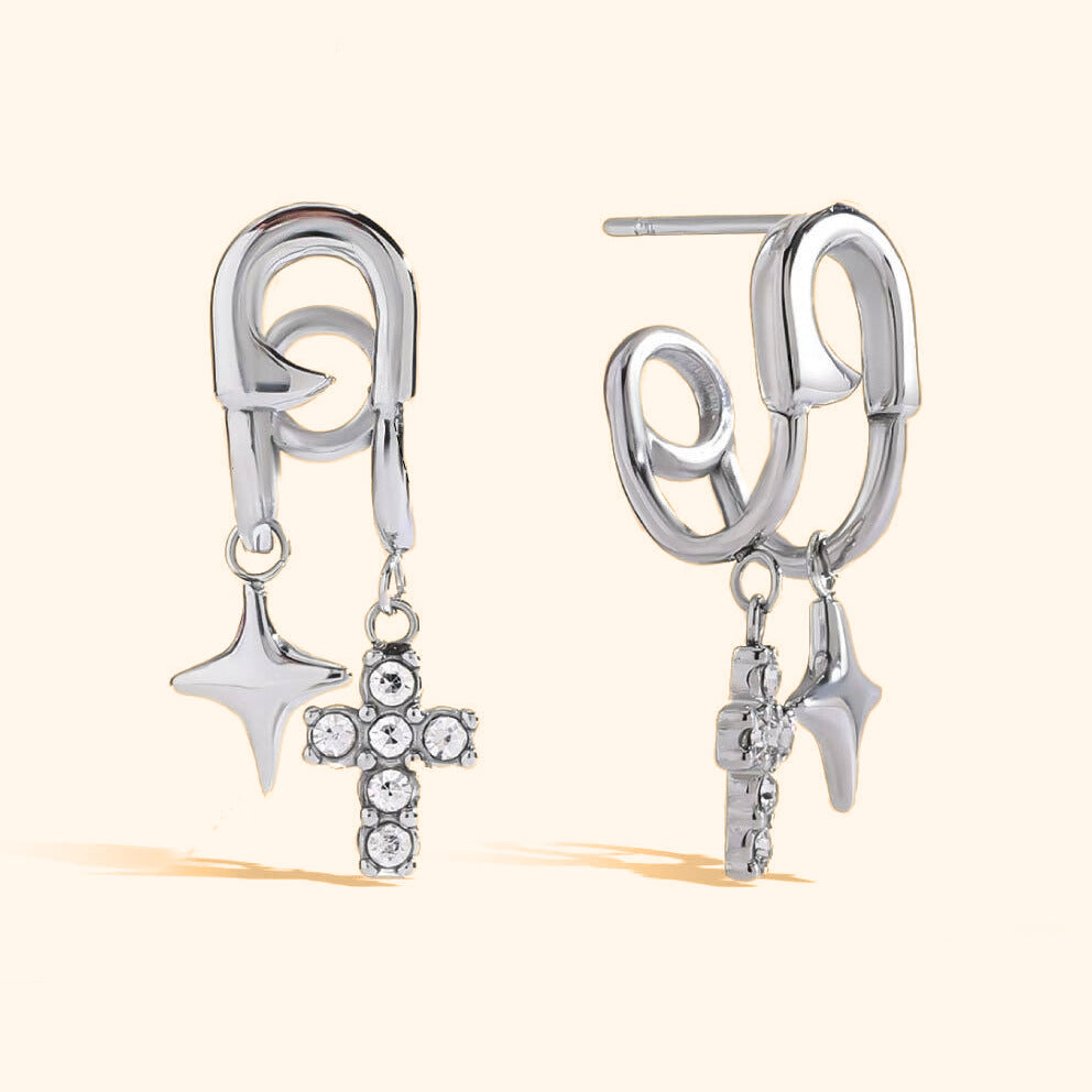 Pin cross sparkle earrings silver