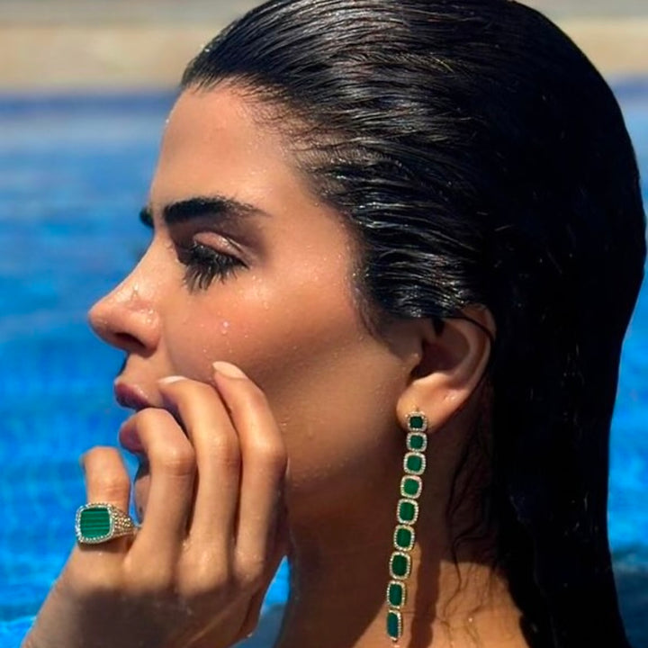 Malachite square linked drop earrings -LUXE
