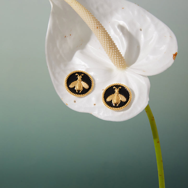 Bee black coin earrings