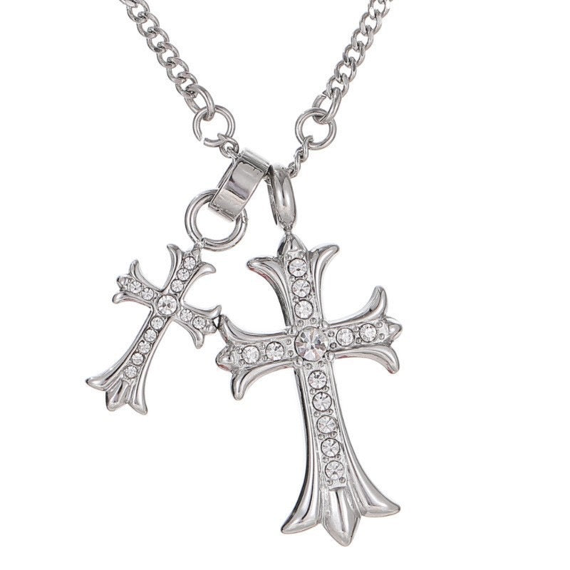 Trendy double cross necklace -silver