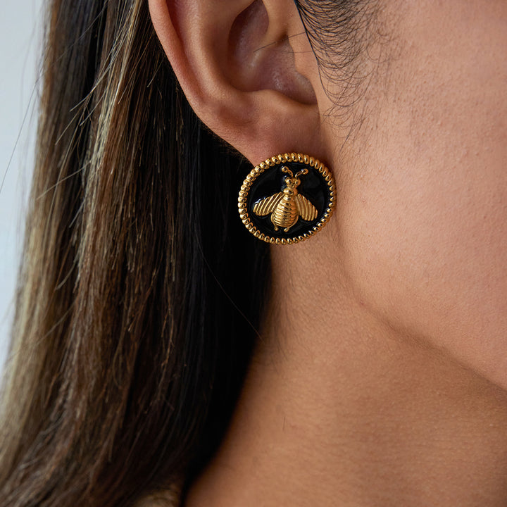 Bee black coin earrings