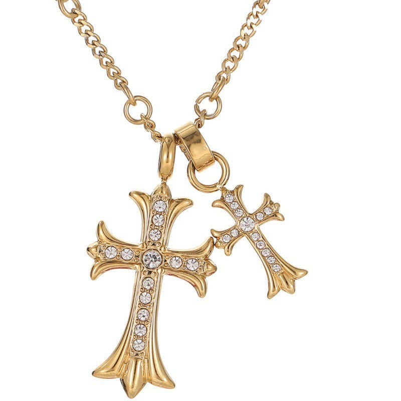 Trendy double cross necklace -gold