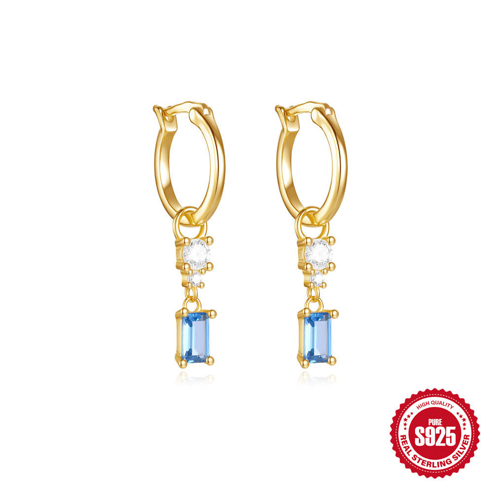 S925 royal blue dangling hoops 1 pair