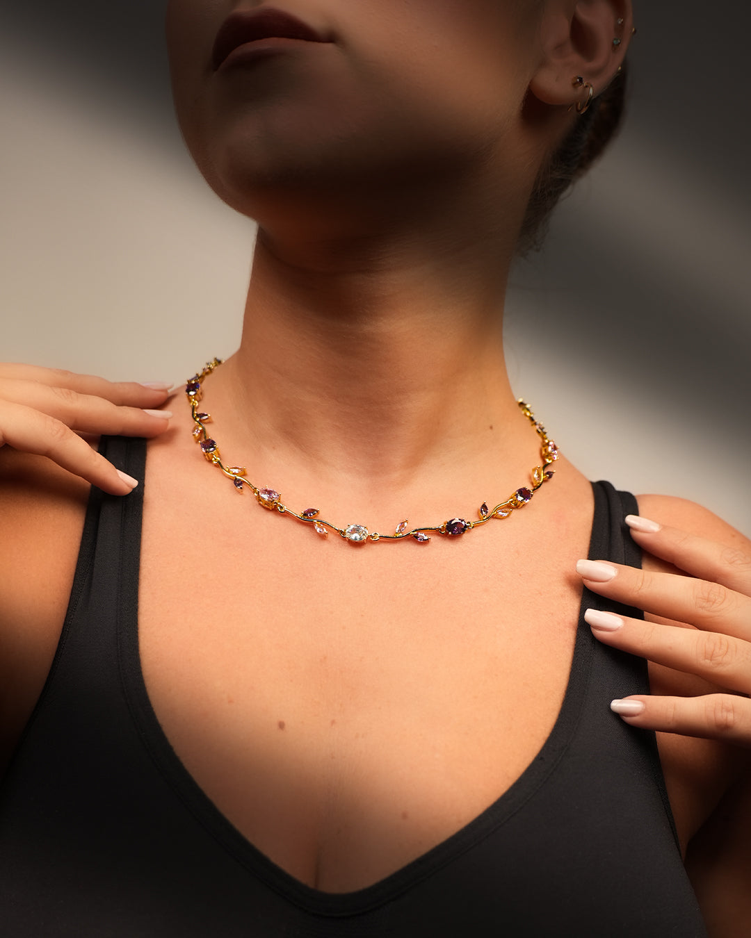 Pink and purple Tulip necklace -gold