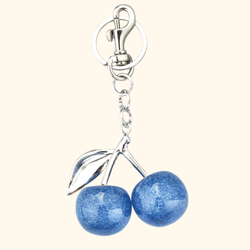Cherry bag charm - silver / blue