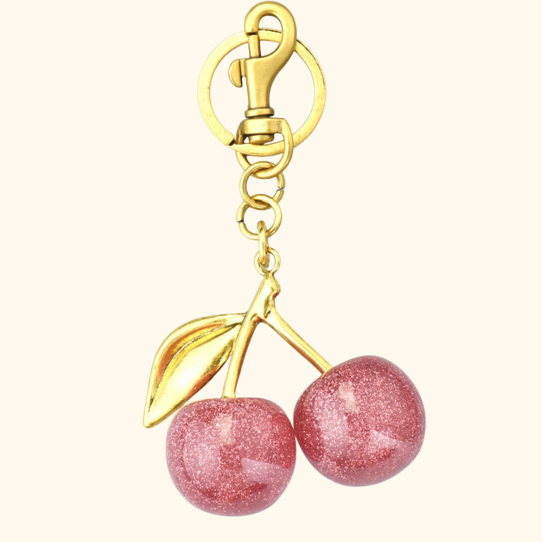 Cherry bag charm - gold / pink