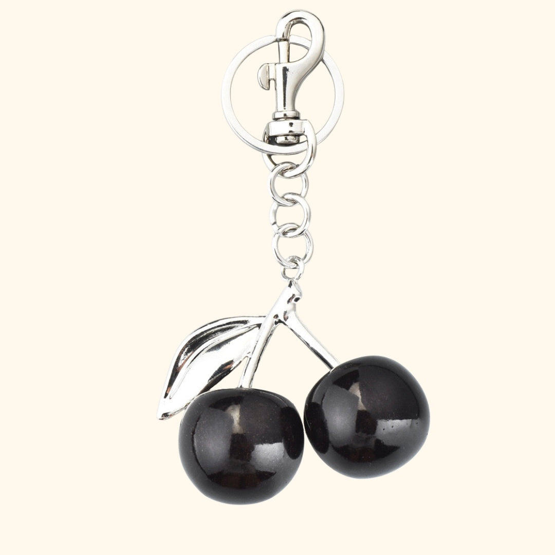 Cherry bag charm - silver / black cola