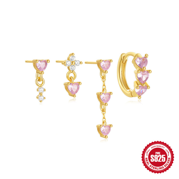 S925 lucky pink heart earrings 4 pieces set