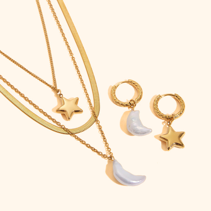 Star and moon freshwater pearl earrings and necklace