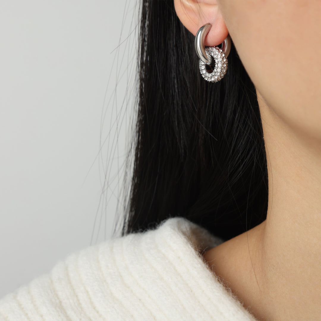 Round linked bling hoops ( detachable ) - silver